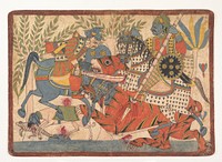 “Harishchandra and his Minister Killing a Tiger,” folio from a Harishchandra Series, Western India, Maharashtra, Paithan or northern Karnataka