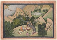 Rama, Sita, and Lakshmana at the Hermitage of Bharadvaja: Illustrated folio from a dispersed Ramayana series, India (Kangra, Himachal Pradesh)