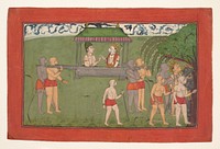 Lakshmana and Sugriva Being Carried by Palanquin to Receive Rama's Blessings: Folio from the dispersed “Mankot" Ramayana series, India, Punjab Hills, kingdom of Mankot or Nurpur