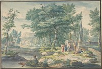 Arcadian Landscape with Figures Making Music by Jan van Huysum