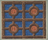 Design for the painted decoration of a coffered ceiling incorporating initials (G and H) for a house on the rue de Clichy by Jules Lachaise and Eugène Pierre Gourdet