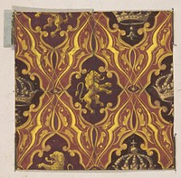 Design for wallpaper featuring rampant lions and crowns by Jules Lachaise and Eugène Pierre Gourdet