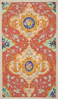 Design for wallpaper featuring strapwork, rinceaux, and cartouches filled with bouquets of roses by Jules Lachaise and Eugène Pierre Gourdet