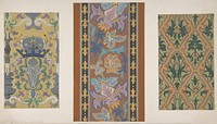 Three designs for wallpaper featuring strapwork, rinceaux, and fleurs-de-lis by Jules Lachaise and Eugène Pierre Gourdet