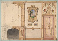 Design for the decoration of a wall punctuated by a fireplace and a door and hung with gold-framed pictures by Jules Lachaise and Eugène Pierre Gourdet