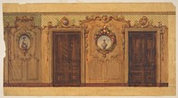 Design for a room with double doors decorated with garlands of fruit and flowers, scrolls, and lattice work
