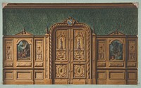 Design for a room with wood panels inset with paintings and a heavily-carved double door by Jules Lachaise and Eugène Pierre Gourdet