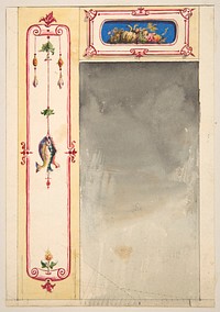 Design for panels framing a mirror decorated with scrolls and clusters of fish and vegetables by Jules Edmond Charles Lachaise and Eugène Pierre Gourdet