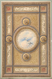 Design for a carved and painted ceiling with clouds and ducks in the central circular panel by Jules-Edmond-Charles Lachaise and Eugène-Pierre Gourdet