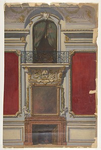 Elevation of an interior with a chimneypiece surmounted by a mirror and a second floor balcony by Jules Lachaise and Eugène Pierre Gourdet