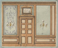 Elevation of a paneled interior with double doors and gaslight sconces