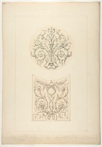 Two designs for decorative motifs featuring cornucopia and rinceaux by Jules Edmond Charles Lachaise and Eugène Pierre Gourdet