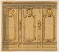 Elevation of an interior showing a wall decorated in ornate panels and mounted statuettes by Jules Edmond Charles Lachaise and Eugène Pierre Gourdet