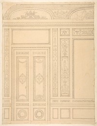 Elevation of an interior showing a paneled wall and double doors decorated in rococco sty.e by Jules Lachaise and Eugène Pierre Gourdet