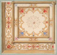 Partial design for a ceiling painted in strapwork and pine cone motifs by Jules-Edmond-Charles Lachaise and Eugène-Pierre Gourdet