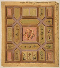 Design for a paneled ceiling painted with putti, birds, and floral motifs on tracing paper; mounted on wove paper by Jules Edmond Charles Lachaise and Eugène Pierre Gourdet