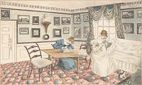 Two young women writing and sewing in an interior at Hatton, Warwickshire