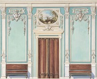 Interior Design with a Central Door with Brown Curtains Flanked by Benches, against an Aquamarine Wall, with an Overdoor Painting, Anonymous, British, 19th century