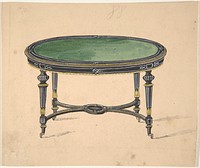 Design for a Round or Oval Table with a Green Top and Black and Gold Sides and Legs