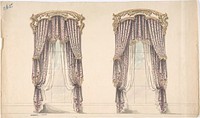 Design for Pink, Mauve and White Floral Curtains with a Gold and White Pediment
