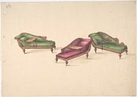 Design for Three Reclined Reading Sofas with Trays, on Casters, Upholstered in Green and Red