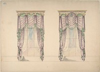 Design for Pink and White Curtains with Green Fringes, and Gold and White Pediments, Anonymous, British, 19th century