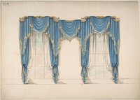 Design for Blue Curtains with Gold Fringes and Pediments