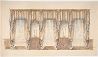 Design for Pink, Gold, Blue and White Curtains with Blue Fringes and a Gold and Wood Pediment, Anonymous, British, 19th century