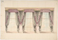 Design for Gray and Pink Curtains with Pink Fringes and a PInk and Gold Pediment, Anonymous, British, 19th century