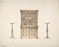 Design for a Bookcabinet and Two Pedestals (Verso: sketch), Anonymous, British, 19th century