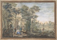 Arcadian Landscape with several Figures and a Statue of Diana by Gerard Melder