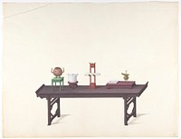 Long, Low Purple Lacquer Table with Objects