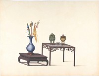 Two Tables, One Low with Large Vase and Objects, One Higher with Covered Pot, Lion and Small Bowl