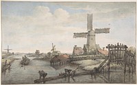 View of a Canal with Three Windmills by Jan Hulswit