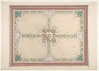 Design for a ceiling with floral accents and Greek key border by Jules Edmond Charles Lachaise and Eugène Pierre Gourdet