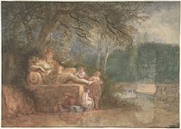 A Park with Figures at a Statue near Water by Salomon Gessner