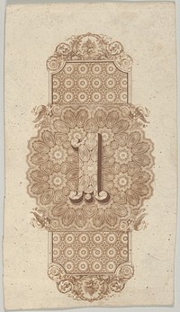 Banknote motif: ornamental number 1 against a panel of lathe work elements, adjoining a band of mosaic style ornament, its ends adorned with leaves, flowers, grapes and ribbons