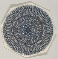 Banknote motif: a circular lathe work design composed out of the repetition of the words "Five thousand dollars"