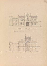 "Belmead", James River, Virginia: Entrance façade and west-east section (recto); North-south section and upper floorplan (verso) by Alexander Jackson Davis