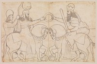 Drawing of Sasanian rock relief: Ardashir I (r. A.D. 224-241) and the Zoroastrian divinity Ohrmazd Ahura Mazda at Naqsh-i Rustam, southern Iran by Lutf-'Ali Shirazi