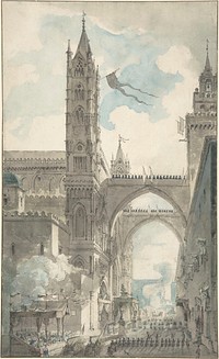 View of the Portal and Principal Entrance of the Cathedral of Palermo during the Festival of Sta. Rosalia by Louis Jean Desprez