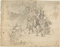 Military Cavaliers Entering Town Accompanied by a Turbaned Torch-bearer. In the foreground: Two Seated Women and a Child (recto); Several Cooks, and Two Pages with a Platter in a Kitchen Yard (verso), after Corrado Giaquinto