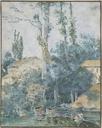 Rustic Scene – A Woman Washing Clothes in a Stream, Anonymous, French, 18th century