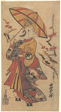 Actor Nakamura Senya as Tokonatsu in the Kabuki Play, The Legacy of the Three-Comma Family Crest Revealed" (Mitsutomoe Katoku Binaki) by Torii Kiyomasu I