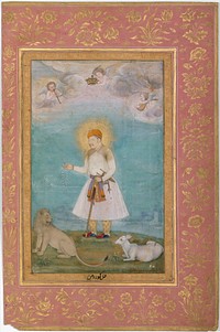 "Akbar With Lion and Calf", Folio from the Shah Jahan Album, painting by Govardhan