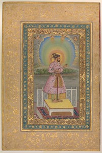 Shah Jahan on a Terrace, Holding a Pendant Set With His Portrait", Folio from the Shah Jahan Album