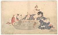 Boys Playing with a Basin of Fish and Turtles by Kitao Shigemasa