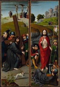 Christ Carrying the Cross, with the Crucifixion; The Resurrection, with the Pilgrims of Emmaus  by Gerard David