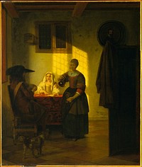 A Couple Playing Cards, with a Serving Woman by Pieter de Hooch