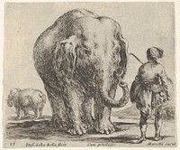 Plate 16: an elephant in center, his mahout standing to the right wearing an Oriental costume, another elephant to left in background, from 'Diversi capricci'